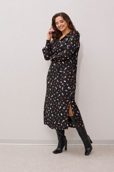 Платье прямого силуэта с поясом и длинным рукавом из текстиля MALI 424-044 черный - фото 2