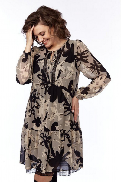 Платье свободного силуэта с кружевом и сеткой Милора-стиль 1035 цветы - фото 2