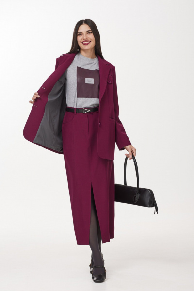 Трехпредметный костюм с юбкой, жакетом и футболкой из вискозы и хлопка Твой имидж 1975 винный - фото 6