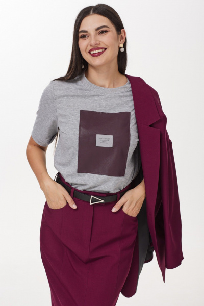 Трехпредметный костюм с юбкой, жакетом и футболкой из вискозы и хлопка Твой имидж 1975 винный - фото 5