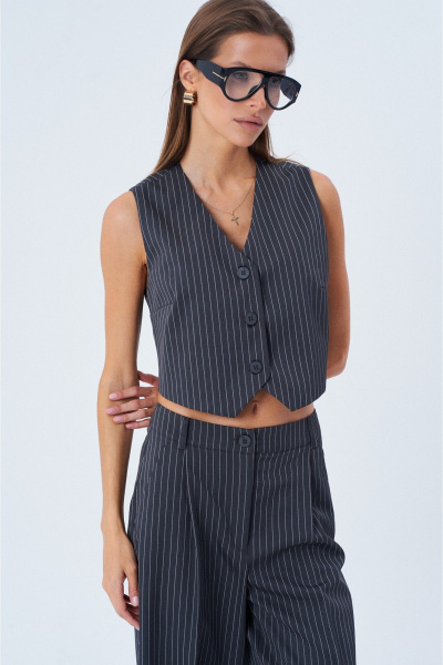 Жилет укороченный из текстиля в полоску свободного кроя SHAM SHAM 1007 графит - фото 3