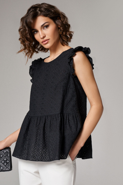 Летняя блуза из текстиля с рюшей для повседневности Панда 104840w черный - фото 1
