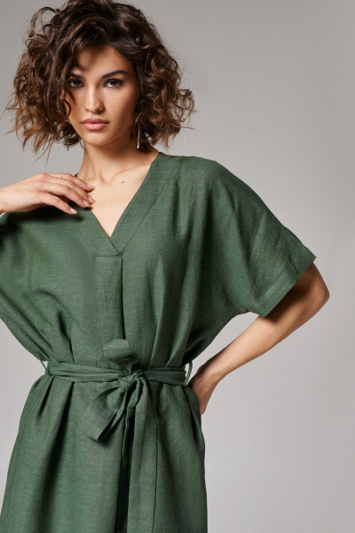 Платье из льняной ткани с дизайнерским элементом Панда 174180w изумрудный - фото 3