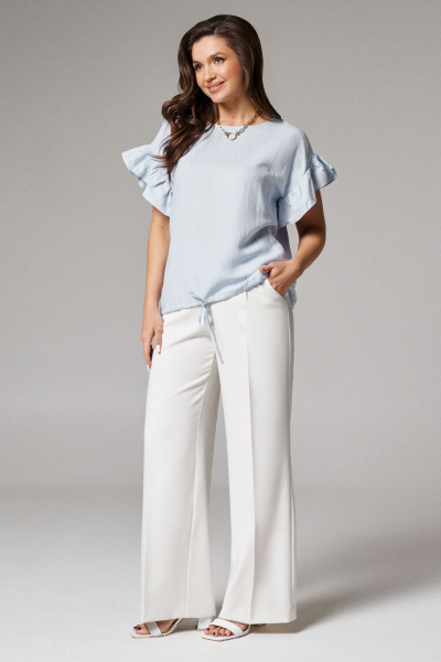 Блуза льняная из хлопка с сборкой и кулисой по низу Панда 174740w голубой - фото 1