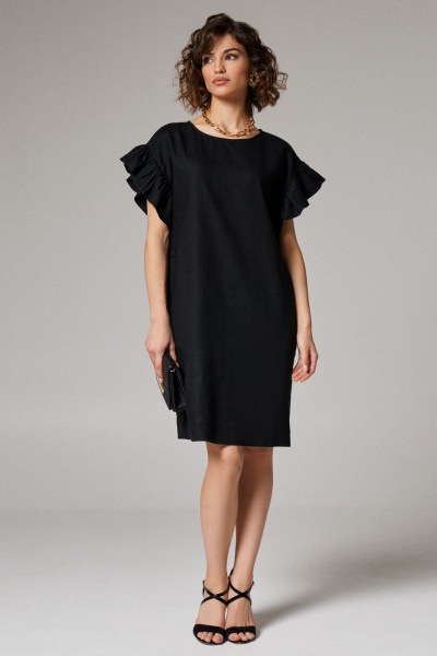 Платье из льна с прорезными карманами и сборкой Панда 174880w черный - фото 1