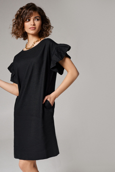 Платье из льна с прорезными карманами и сборкой Панда 174880w черный - фото 2