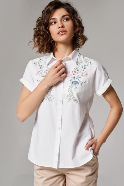 Блуза коротким рукавом из хлопка с вышивкой и воротником-стойкой Панда 175140w белый - фото 1