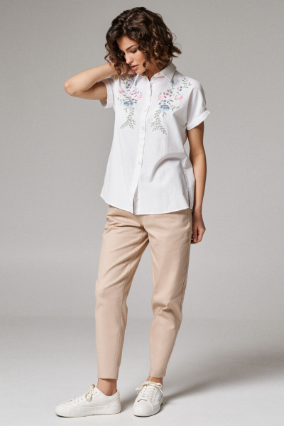 Блуза коротким рукавом из хлопка с вышивкой и воротником-стойкой Панда 175140w белый - фото 2