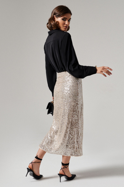 Юбка длинная из пайеток и трикотажа с разрёром по ноге Панда 178850w бежевый - фото 3