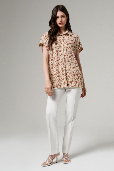 Блуза прямого силуэта из струящейся ткани с воротником-стойкой Панда 182340w бежевый - фото 1