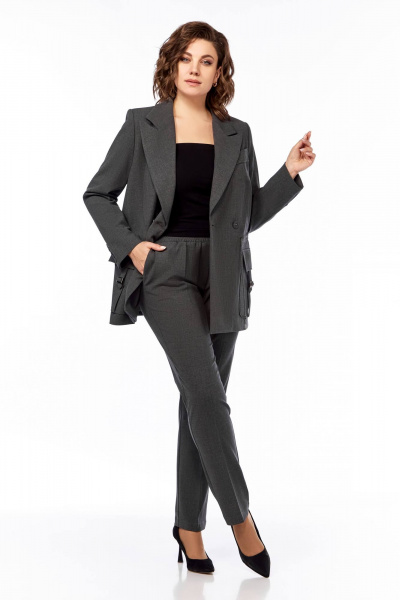 Деловой костюм брюки и удлинённый жакет из текстиля Temper 152 серый - фото 1