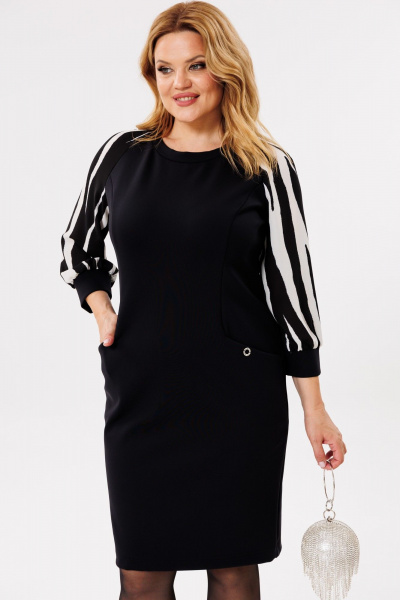 Демисезонное платье из трикотажа с рукавами 3/4 и декоративными стразами Michel chic 2171 черный,зебра - фото 6
