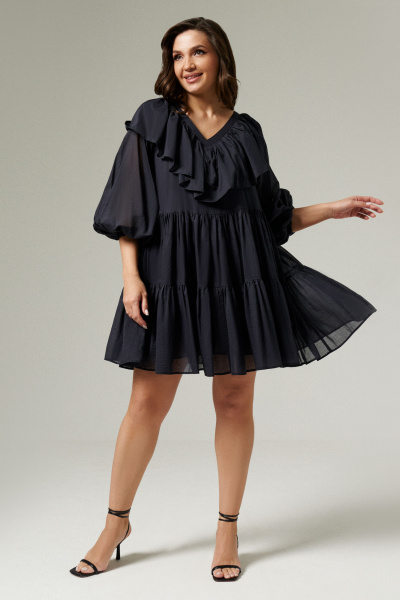 Летнее хлопковое платье со V-образным вырезом и рюшей Панда 135480w черный - фото 1