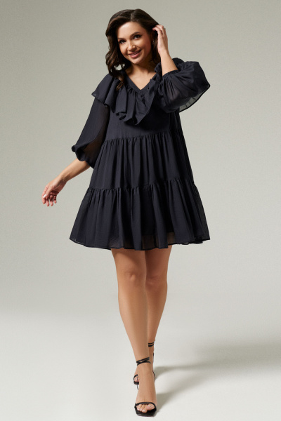 Летнее хлопковое платье со V-образным вырезом и рюшей Панда 135480w черный - фото 2
