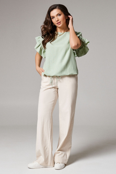 Льняная блуза с корругой горловиной и сборками летняя повседневная Панда 174740w мятный - фото 1