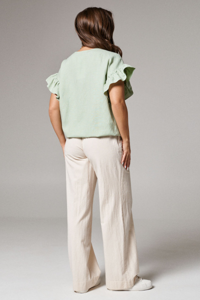 Льняная блуза с корругой горловиной и сборками летняя повседневная Панда 174740w мятный - фото 2