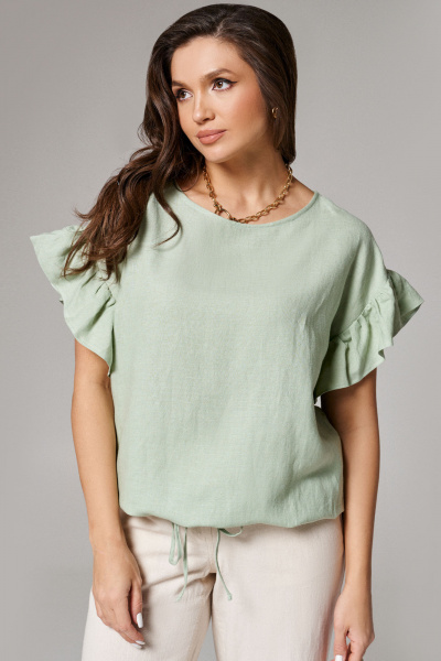 Льняная блуза с корругой горловиной и сборками летняя повседневная Панда 174740w мятный - фото 3
