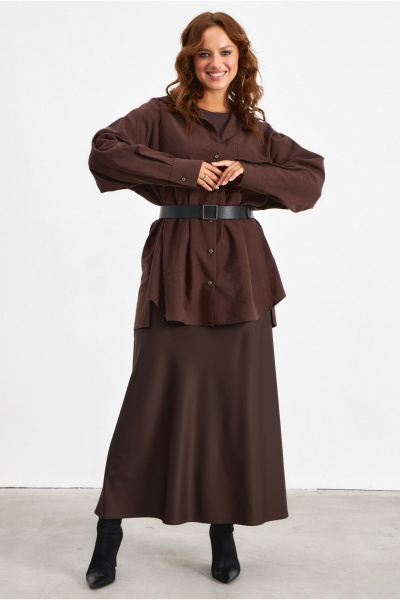 Рубашка свободного силуэта из вискозы с карманом и разрезами Avord V3137 темно-коричневый - фото 4