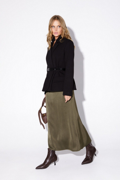 Комплект двойка укороченный жакет и атласная юбка макси PiRS 5570 черный+хаки - фото 2