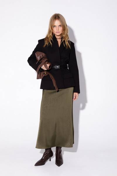 Комплект двойка укороченный жакет и атласная юбка макси PiRS 5570 черный+хаки - фото 1