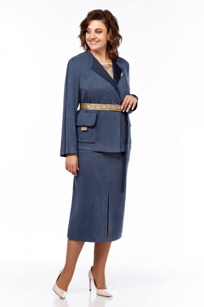 Комплект из блузы с вышивкой, топа и юбки из бархата Ольга Стиль С-870 синий - фото 3