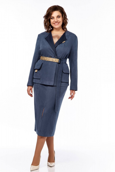 Комплект из блузы с вышивкой, топа и юбки из бархата Ольга Стиль С-870 синий - фото 2