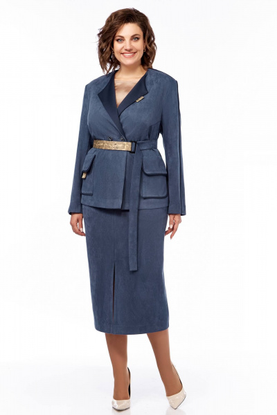 Комплект из блузы с вышивкой, топа и юбки из бархата Ольга Стиль С-870 синий - фото 1