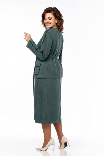 Костюм тройка из бархата с жакетом, блузой и юбкой Ольга Стиль С-870 зеленая_бирюза - фото 5