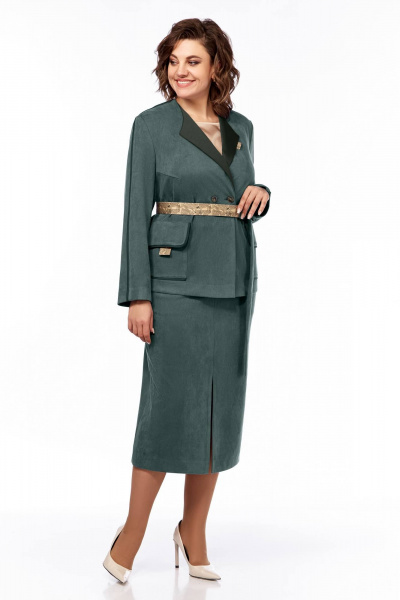 Костюм тройка из бархата с жакетом, блузой и юбкой Ольга Стиль С-870 зеленая_бирюза - фото 3