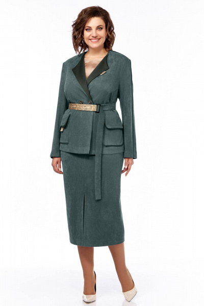 Костюм тройка из бархата с жакетом, блузой и юбкой Ольга Стиль С-870 зеленая_бирюза - фото 1