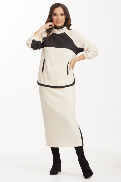 Джинсовый костюм из джемпера и юбки с боковыми разрезами Магия моды 2499 молоко+черный - фото 2