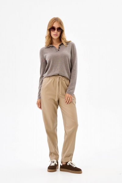 Брюки бананы из экокожи с высокой талией IUKONA 1002 бежевый - фото 5