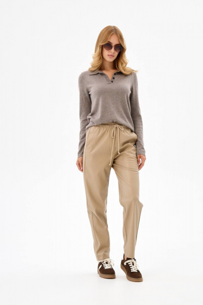 Брюки бананы из экокожи с высокой талией IUKONA 1002 бежевый - фото 4