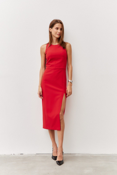 Платье миди с глубоким разрезом из текстиля Luitui R1091 красный - фото 2
