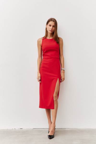 Платье миди с глубоким разрезом из текстиля Luitui R1091 красный - фото 1
