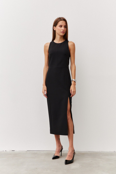 Платье миди с вырезом и карманами из текстиля Luitui R1091 черный - фото 4