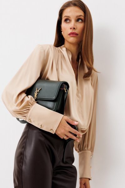 Бежевое шёлковое платье свободного кроя с манжетами THE NAME 2232-1 крем - фото 7