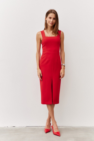 Миди платье с разрезом и глубоким вырезом из крепа Luitui R1055 красный - фото 1