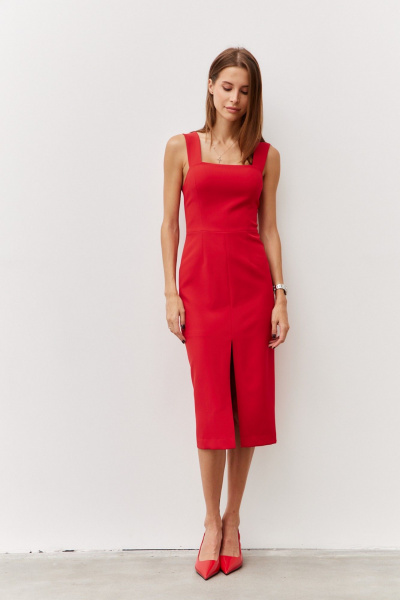 Миди платье с разрезом и глубоким вырезом из крепа Luitui R1055 красный - фото 2
