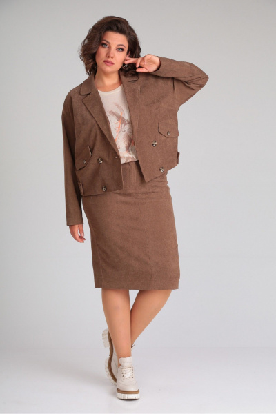 Костюм жакет и юбка короткая с карманами Le Collect 377 горький_шоколад - фото 3