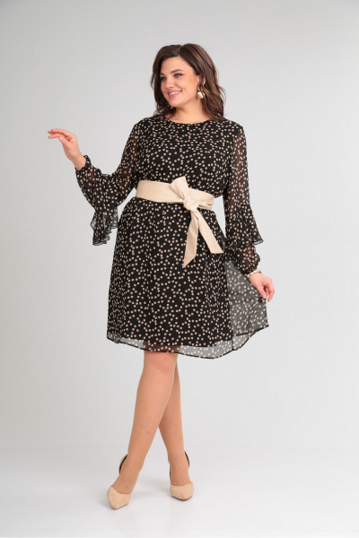 Платье ниже колена на подкладке с поясом Le Collect 401 черно-бежевый - фото 3