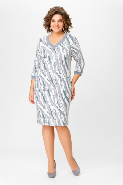Платье из трикотажа с нагрудными вытачками и карманами Swallow 782.1 молочный/серо-голубой_принт - фото 1