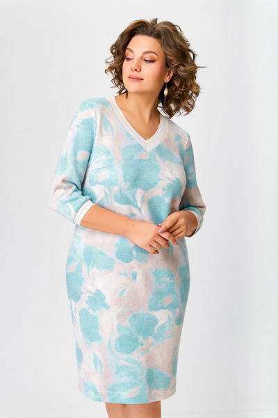 Платье из вискозы с V-образной горловиной и карманами Swallow 782 мятно-бежевый_принт - фото 10