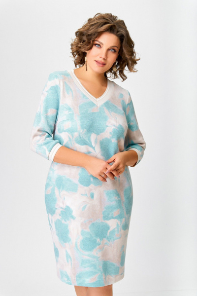 Платье из вискозы с V-образной горловиной и карманами Swallow 782 мятно-бежевый_принт - фото 9