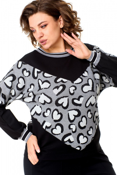 Джемпер свободного кроя из вискозы и трикотажа с декоративными манжетами T&N 7578 «сердце»+черный - фото 4