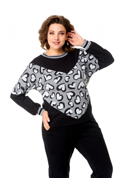 Джемпер свободного кроя из вискозы и трикотажа с декоративными манжетами T&N 7578 «сердце»+черный - фото 2