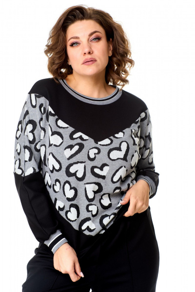 Джемпер свободного кроя из вискозы и трикотажа с декоративными манжетами T&N 7578 «сердце»+черный - фото 1