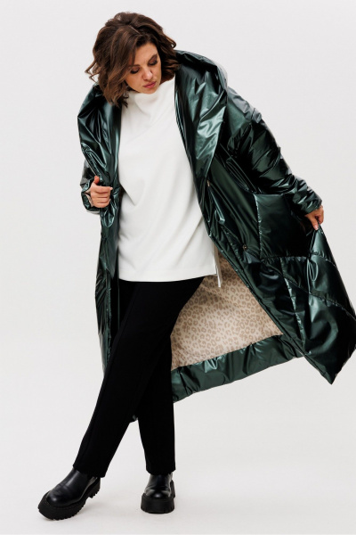 Пальто свободного силуэта с капюшоном и декоративными строчками Rumoda 2235 зеленый - фото 4