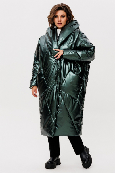 Пальто свободного силуэта с капюшоном и декоративными строчками Rumoda 2235 зеленый - фото 1