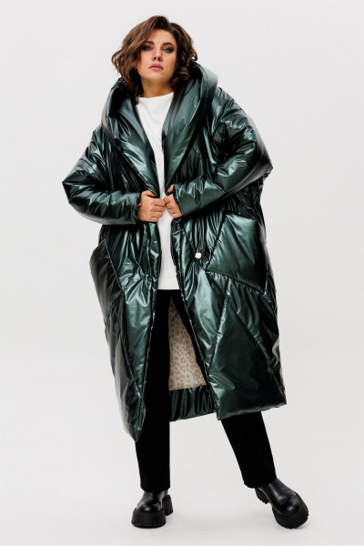 Пальто свободного силуэта с капюшоном и декоративными строчками Rumoda 2235 зеленый - фото 2